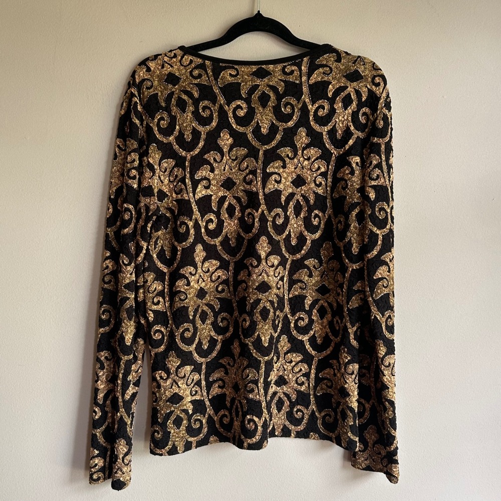Chicos Travelers Womens Size 1 Gold Black Damask Scroll V-Neck Long Sleeve Top - Picture 2 of 8
